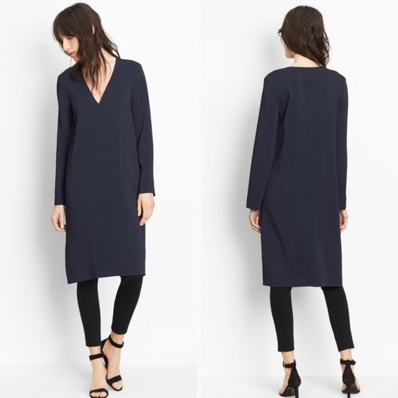 Vince V-Neck Satin Tunic Dress Coastal Blue Small - Picture 1 of 7